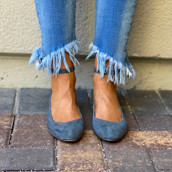 Genuine Suede Gray Ankle Strap Mary Jane Flats - Picture 2 of 8